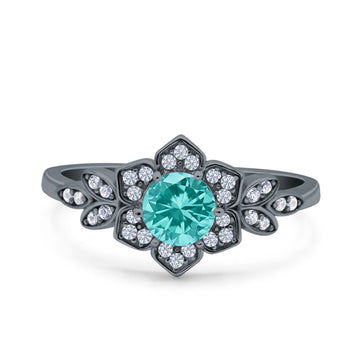Halo Cluster Floral Wedding Ring Round Black Tone, Simulated Paraiba Tourmaline CZ 925 Sterling Silver